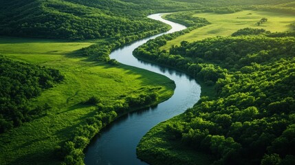 Serene river meandering through lush green hills, a picturesque nature landscape