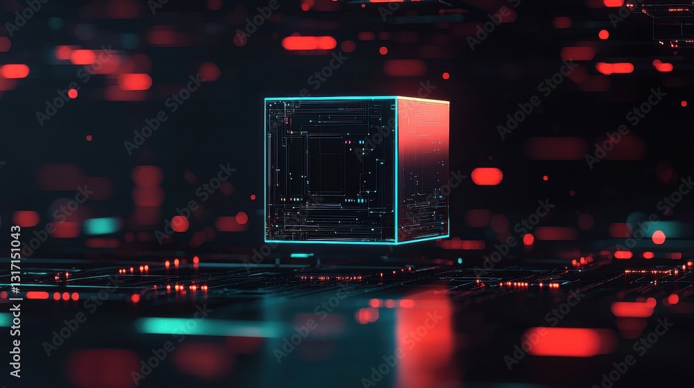 Poster futuristic abstract cube with neon lights in technology setting