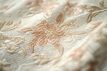 Close-up of beige fabric with delicate embroidered floral pattern, showcasing intricate stitching and soft texture.