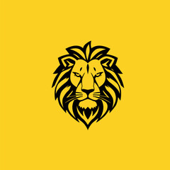 Powerful lion head logo in tribal style with bold black lines on a striking yellow background. Perfect for branding, sports teams, t-shirts, tattoos, and digital design. High-quality vector, scalable,