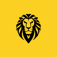 Powerful lion head logo in tribal style with bold black lines on a striking yellow background. Perfect for branding, sports teams, t-shirts, tattoos, and digital design. High-quality vector, scalable,