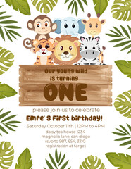 Birthday invitation card vector template. Safari birthday Party theme with animals and leaves.