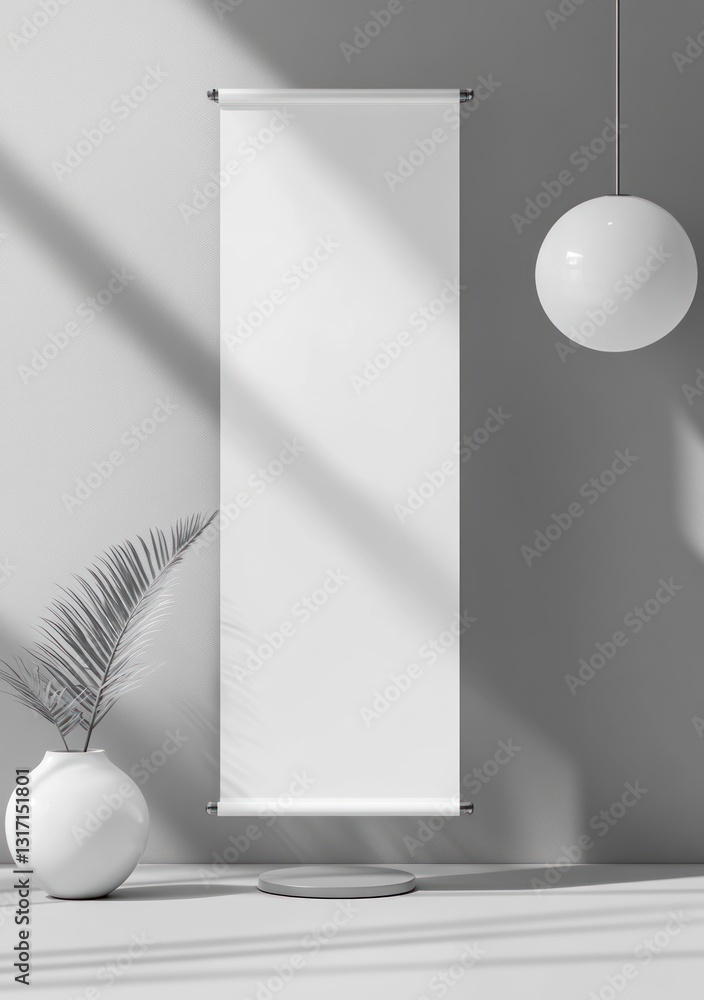 Poster displaying blank banner mockup in minimalist interior setting with soft shadows