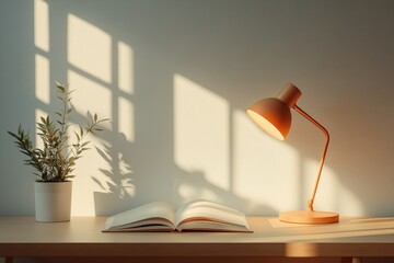A serene workspace with an open book, a desk lamp, and a potted plant, bathed in sunlight.