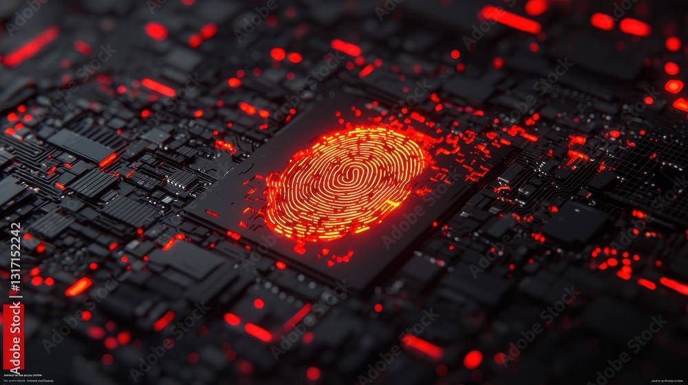 Poster abstract digital circuit design with red fingerprint motif