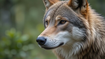 Obraz premium Close-Up Portrait of a Majestic Wolf with Water Droplets on Fur in a Forest Setting