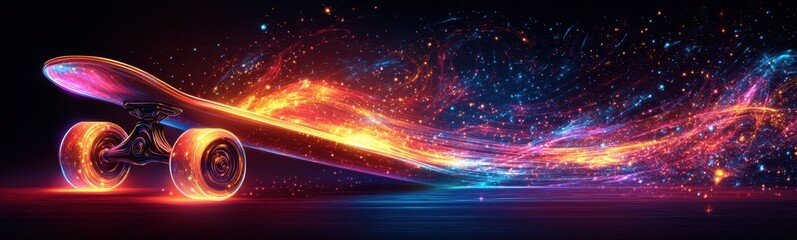 Obraz premium Glowing wheel skateboard: illuminated night scene in a urban skate park with neon lights showcasing vibrant colors and dynamic movement