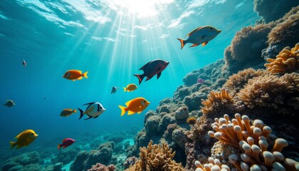 Thriving coral reef with colorful tropical fish. Sunlight filters through clear blue water. Marine life,intricate coral formations. Marine biology, environmental conservation, and travel promotions.