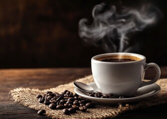 Steaming Coffee Cup with Roasted Beans on Burlap Sack and Wooden Table