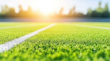 Obraz premium Golden sunset illuminating verdant synthetic soccer pitch, white boundary line defining pristine playing surface, radiating pre game anticipation and sporting potential