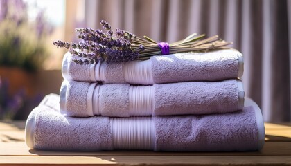 soft towels stacked together with lavender buds on top creating a serene and calming aesthetic ideal for wellness spa and beauty related content or marketing materials