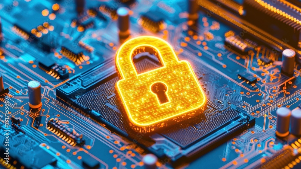 Poster digital lock symbol on circuit board representing cybersecurity concepts