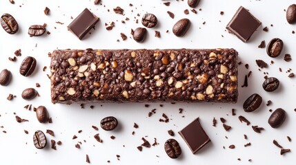 Top angle chocolate snack bar Coffee Mocha Espresso energy bar white background