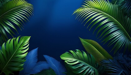 Fototapeta na wymiar a lush tropical scene featuring rich green foliage against a serene deep blue background creating a calming and vibrant atmosphere