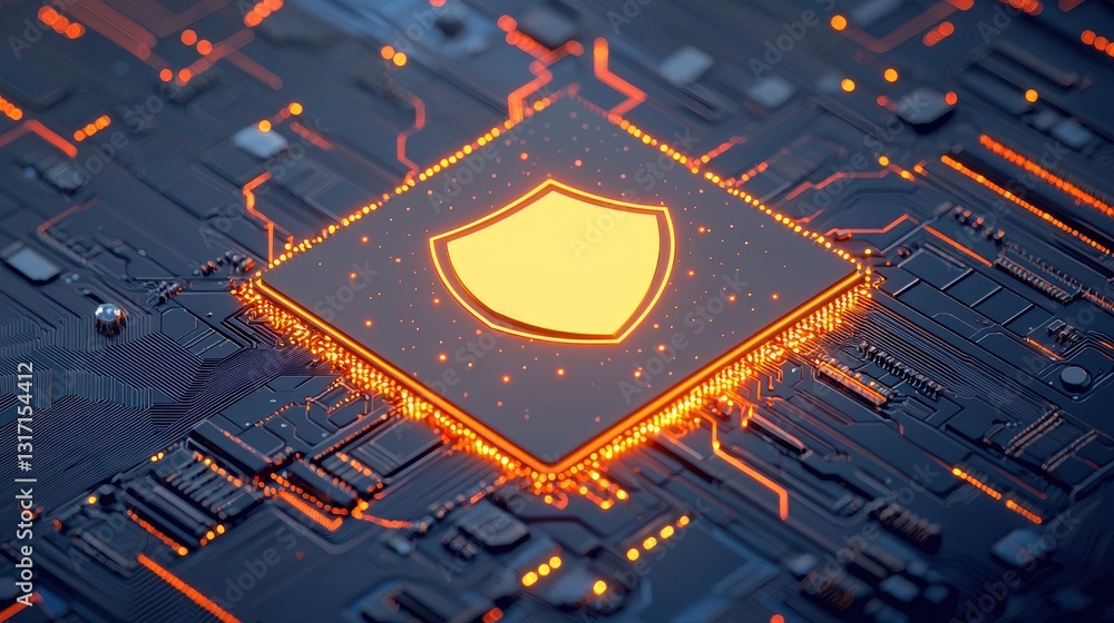 Poster digital shield icon on circuit board background with glow effects