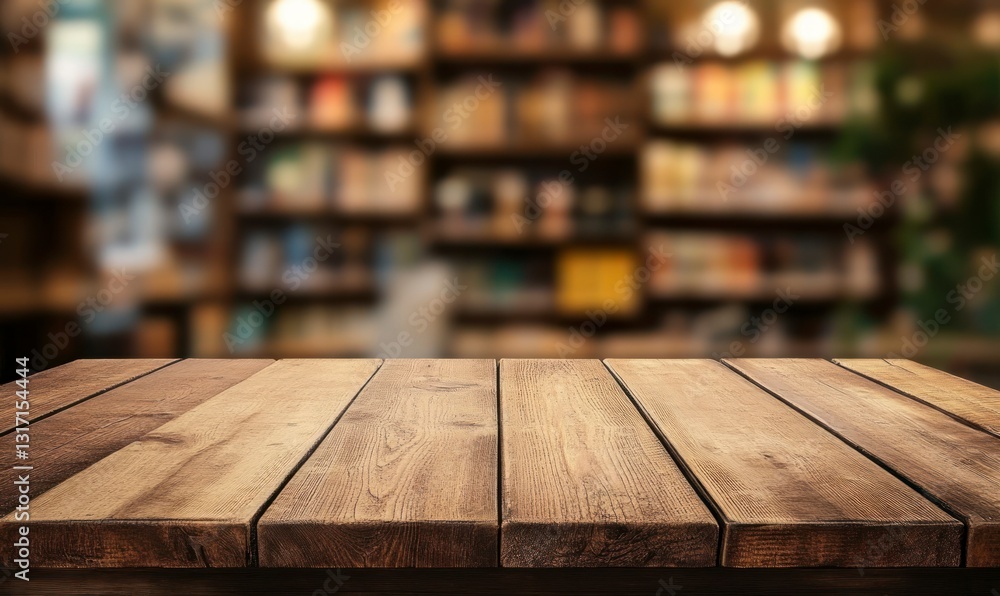 Poster wooden table surface with blurred bookshelf background in warm library