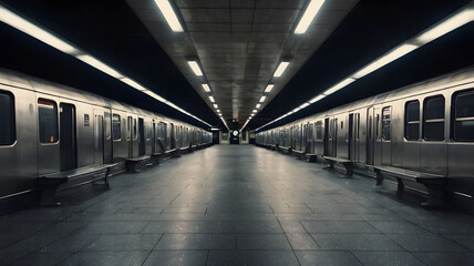 Fototapeta premium Underground Serenity: A perspective view of a modern subway station with parked train, leading lines, and soft, diffused light creating a tranquil and mysterious ambiance. 