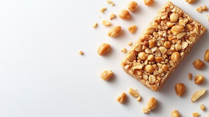Creating nut bars at home kitchen food photography indoor crafting healthy snacks Peanut Butter Crunch energy bar white background