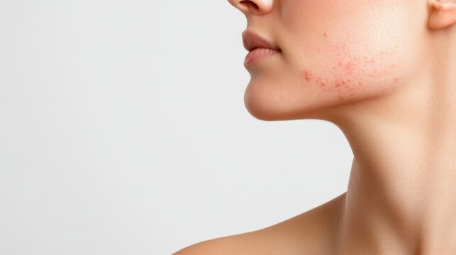 Teenage girl facing skin challenges, displaying acne and blemishes on cheek and jawline, revealing dermatological concerns