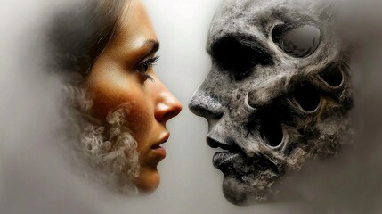 person looking into a foggy mirror, with their reflection clear on one side and distorted on the other, illustrating the challenge of seeing one's true self. Common sense, the struggle of ideas 