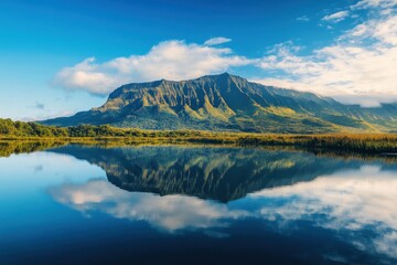 A serene mountain range mirrored in a tranquil lake, showcasing nature's beauty and harmony.