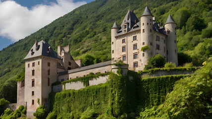 Fototapeta premium Castle on a Hillside: A majestic stone castle stands proudly atop a verdant hillside, its towers reaching for the blue sky, evoking a sense of history and grandeur. The castle's imposing presence.