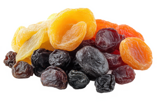 Assorted dried fruits isolated on a white background