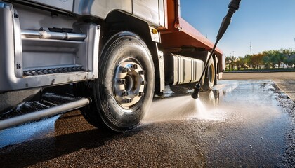 industrial high pressure cleaner washing a truck tire at a vehicle wash station
