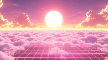 Vibrant sunset over a fluffy cloudscape with a retro grid, creating a dreamy atmosphere