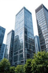 Fototapeta premium Modern High-Rise Buildings Reflecting Sky and Surrounding Nature in Urban Cityscape