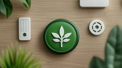 Green Leaf Icon on Wooden Surface with Modern Design Elements