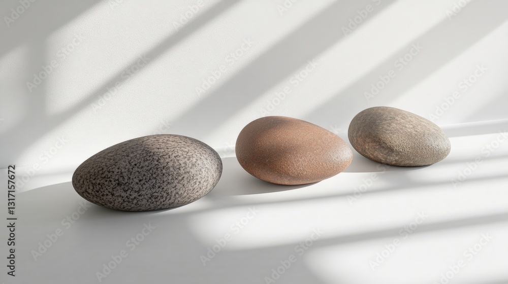 Poster three smooth stones of varying colors arranged on a white surface with soft shadows