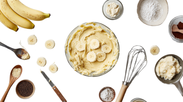 . "An overhead view of banana batter and slices of banana on a clean, olive-hued white background, isolated on transparent background, leaving room for creative text placement." - Powered by Adobe