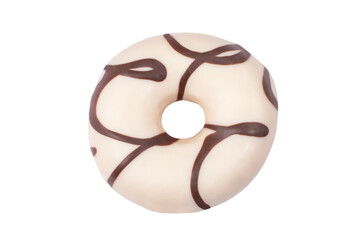 Donut covered with white chocolate glaze with dark chocolate swirls isolated on white background,...