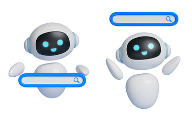 AI robot character 3D graphics that pops up a search bar