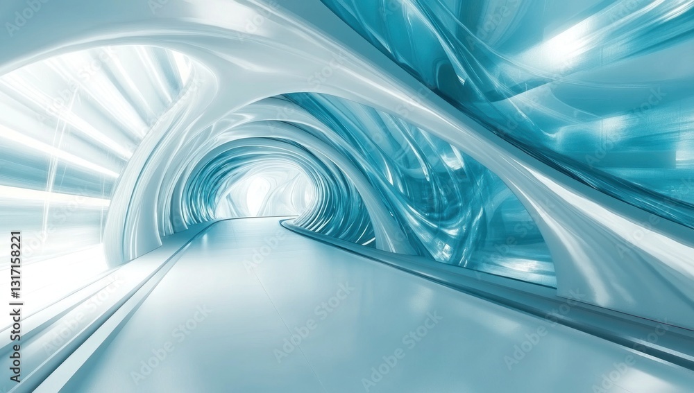 Poster abstract futuristic tunnel with glowing cyan walls and a bright exit.