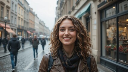 Fototapeta premium Young Woman Smiling in a Brown Jacket on a Busy Urban Street During Rainy Weather