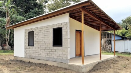 Modern tropical bungalow featuring exposed brick walls, wooden porch merging contemporary and rustic design within verdant landscape surroundings