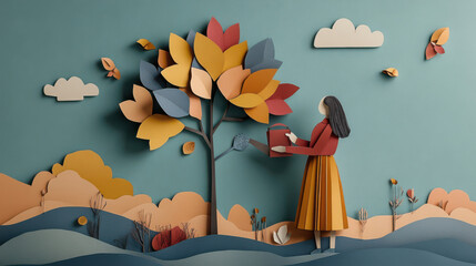 woman in colorful paper art landscape stands by tree with vibrant leaves, symbolizing nature and creativity. scene includes clouds and hills, evoking sense of tranquility
