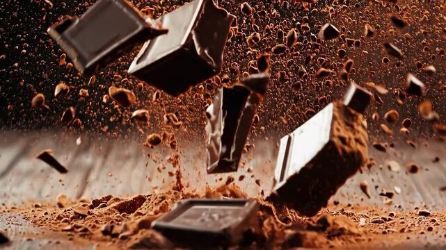Explosive burst of dark chocolate squares with cocoa powder flying around