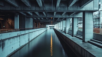 Urban Canal Tunnel with Concrete Structure and Water Reflection