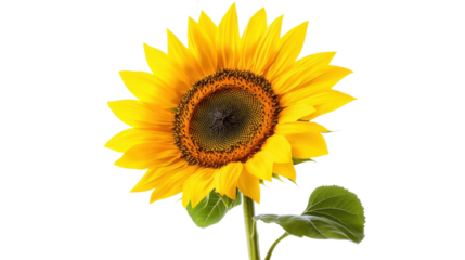 "A beautiful sunflower blooming with its large yellow petals fully spread, isolated on transparent background, against a bright natural light."