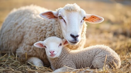 Fototapeta premium The warm embrace between ewes and lambs