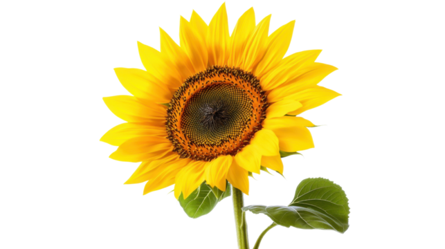 "A beautiful sunflower blooming with its large yellow petals fully spread, isolated on transparent background, against a bright natural light." - Powered by Adobe