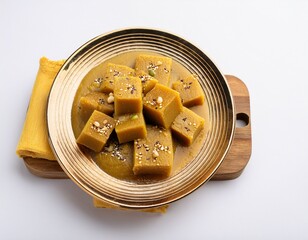 board and plate of tasty moong dal ka halwa with on white background
