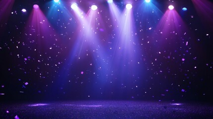 Neon spotlight stage background. Disco party projector light concert or show scene. Magic beam glow for nightclub or award winner with confetti glitter. Congratulation performance for celebrity.