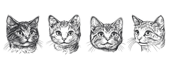 Obraz premium Flat style cat faces icons set in linear vector design.