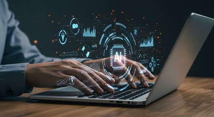 Artificial Intelligence Technology, Futuristic AI Interface, Machine Learning Innovation, AI-Powered Data Analytics, Digital Transformation in Tech.
