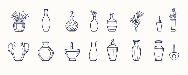 Flat linear icons set of various vases and plants - minimalist vector art.