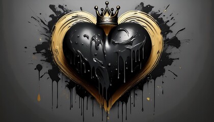 bold abstract black heart with dripping paint grunge texture effect topped with crown design